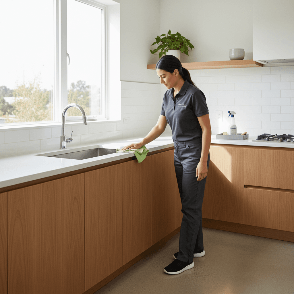 Professional cleaner cleaning kitchen countertop
